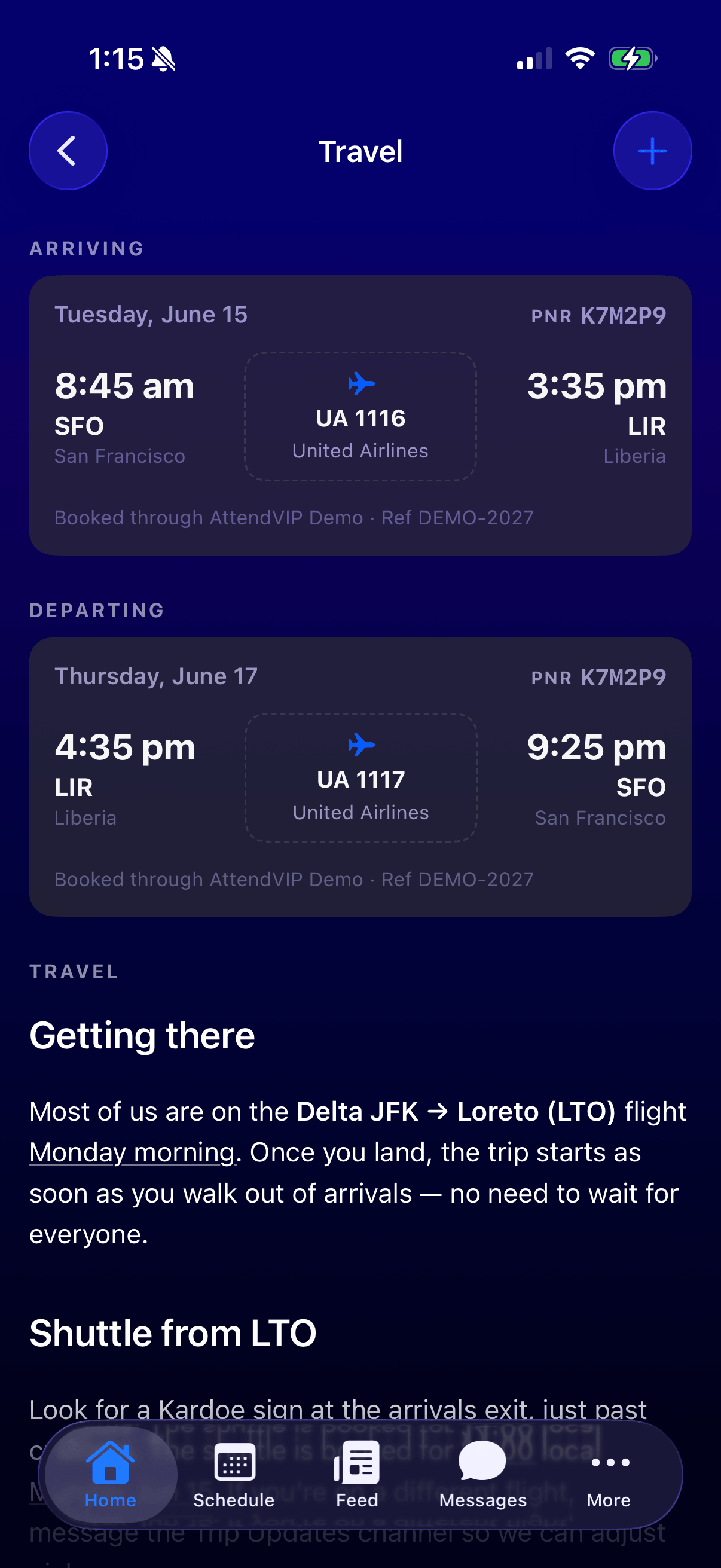 Attend travel screen with arrival and departure flight details.